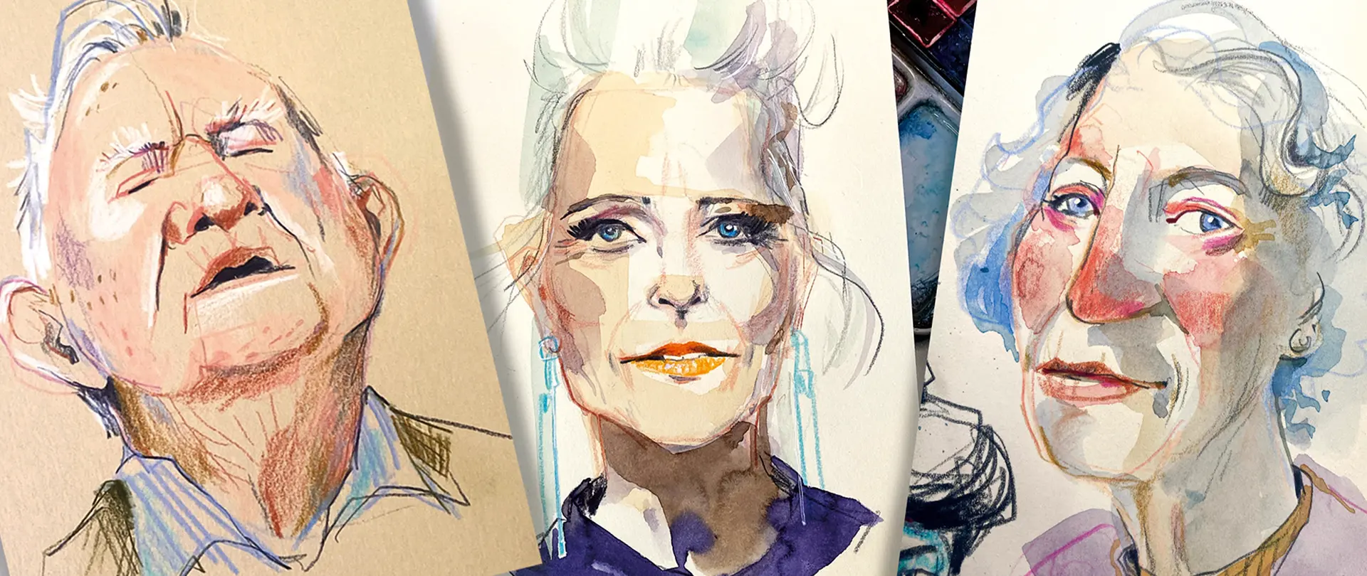 Drei farbenfrohe, expressive Portraitskizzen älterer Menschen mit verschiedenen Gesichtsausdrücken und Maltechniken