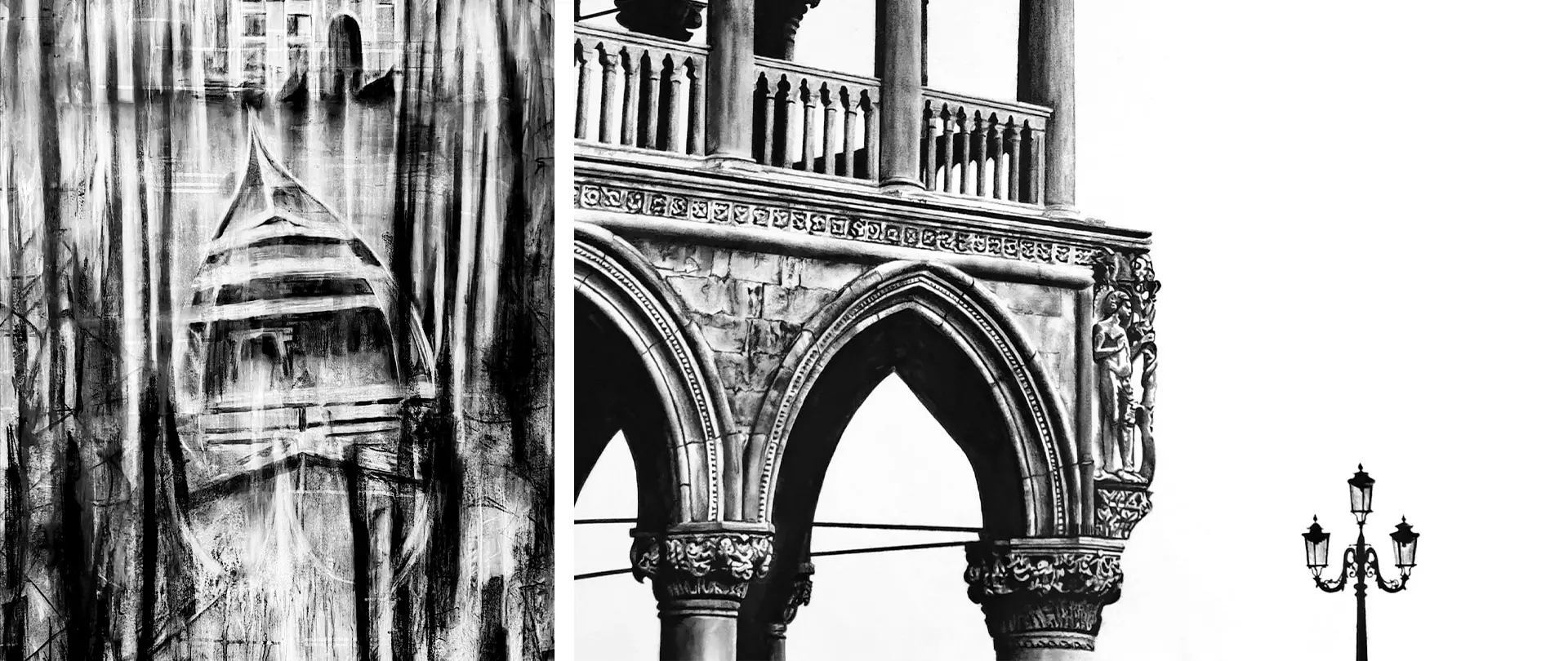 Kohle- und Farbstiftzeichnung von Venedig mit Gondel und venezianischer Architektur mit Bögen und Säulen erstellt von artistravel Dozentin Theora Krummel