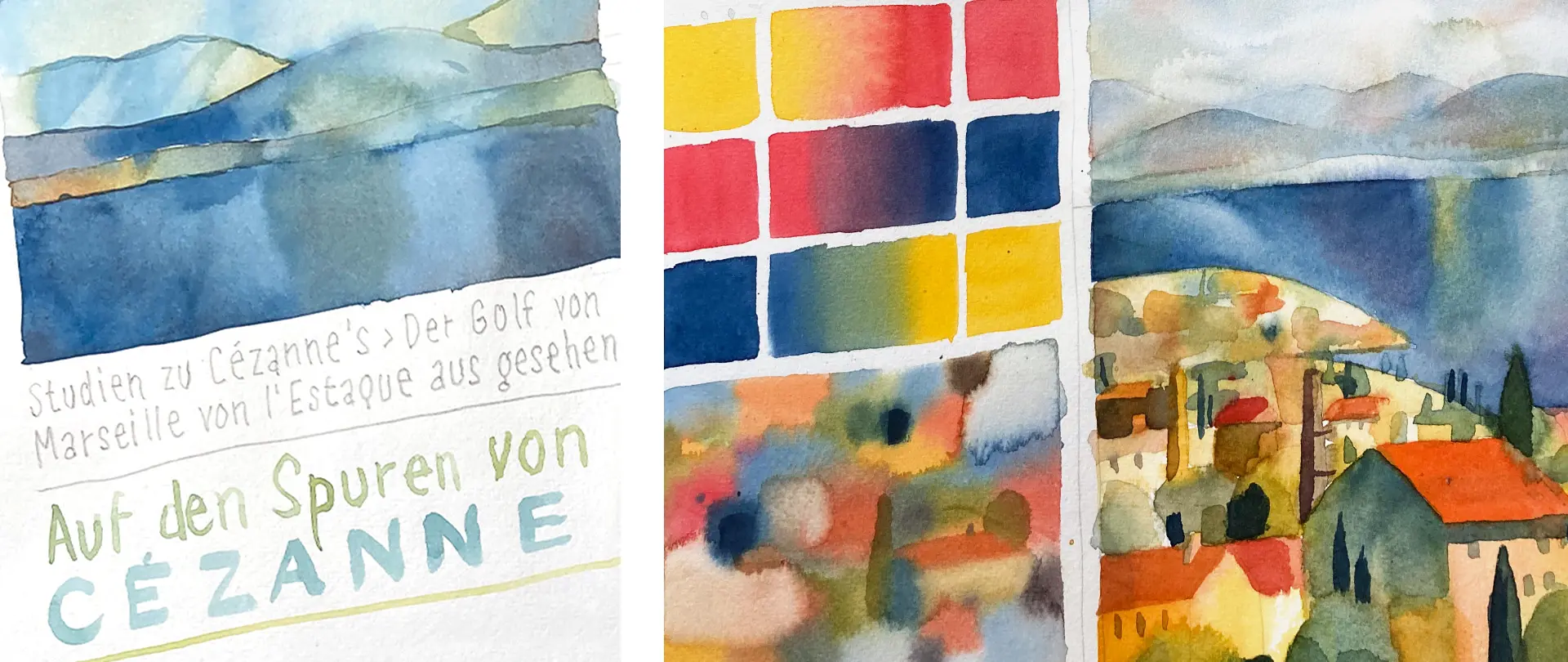 Aquarellstudien mit Farbexperimenten, abstrakten Formen und einer Landschaft mit Häusern und Bergen, inspiriert von Paul Cézanne
