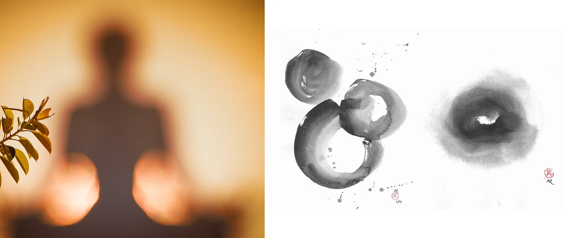 Verwischte Silhouette in Meditationshaltung und abstrakte Zen-Tuschmalerei symbolisieren Achtsamkeit, innere Ruhe und kreatives, meditatives Malen