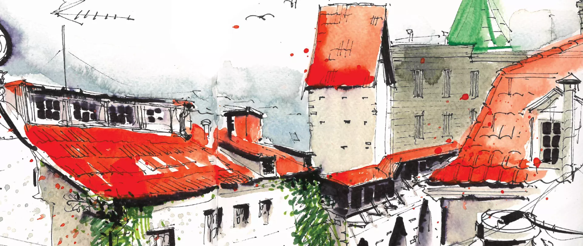 Stadtansicht mit roten Dächern und skizzenhaftem Aquarellstil, ideal für Zeichnen und Malen unterwegs im Skizzenbuch