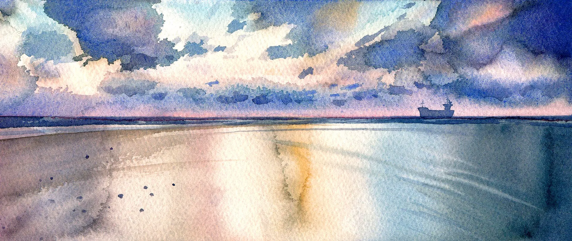 Weite Küstenlandschaft mit Wasser, Himmel und einem Schiff am Horizont in sanften, transparenten Aquarellfarben