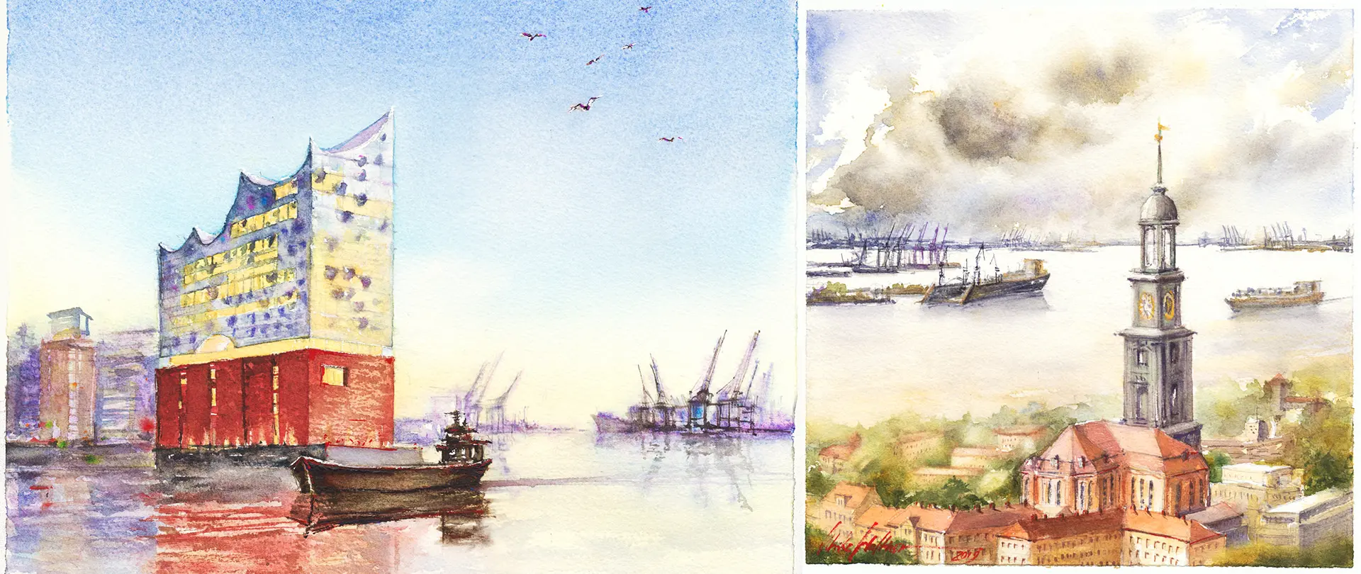 Aquarellmalerei von Hamburger Hafen mit Elbphilharmonie und Hafenkränen sowie St. Michaelis Kirche und vorbeifahrenden Schiffen in herbstlicher Atmosphäre