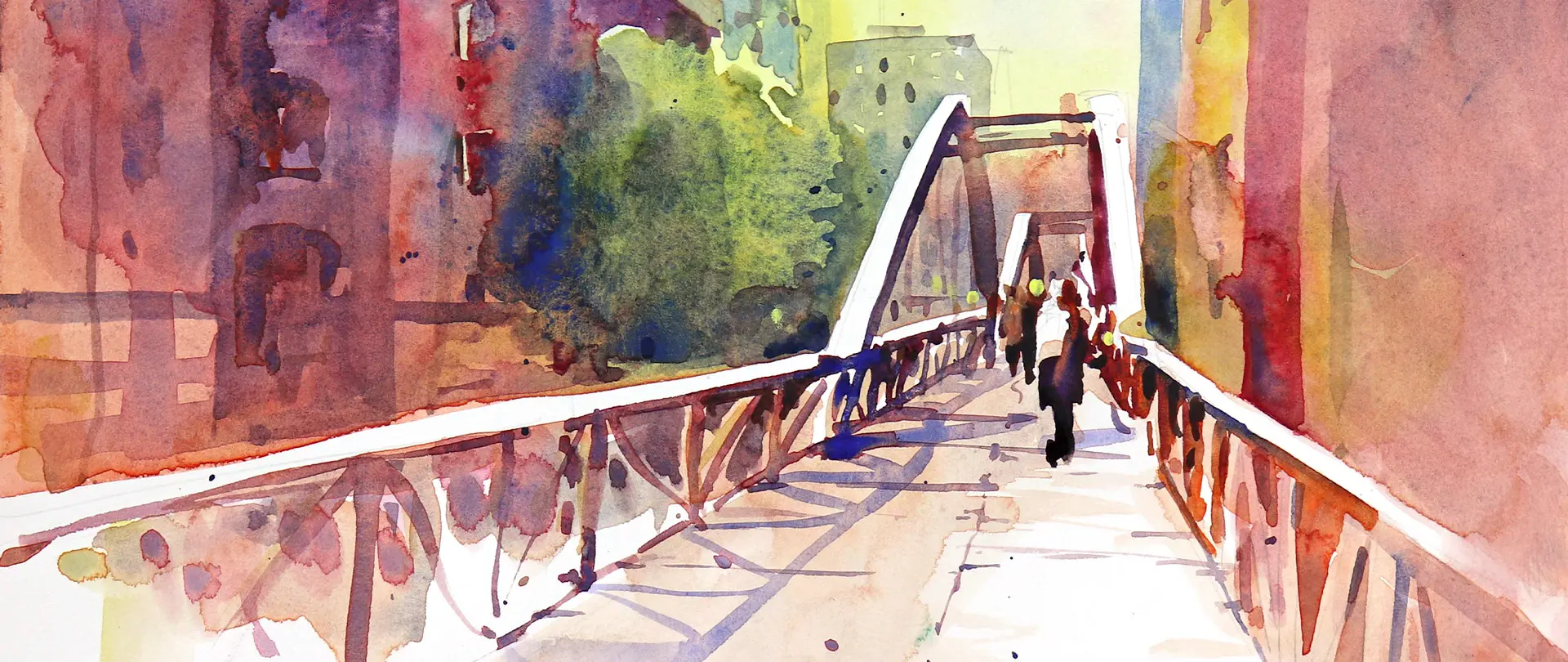 Aquarellzeichnung einer Fußgängerbrücke in der Stadt mit Passanten und farbenfrohen Gebäuden im Hintergrund