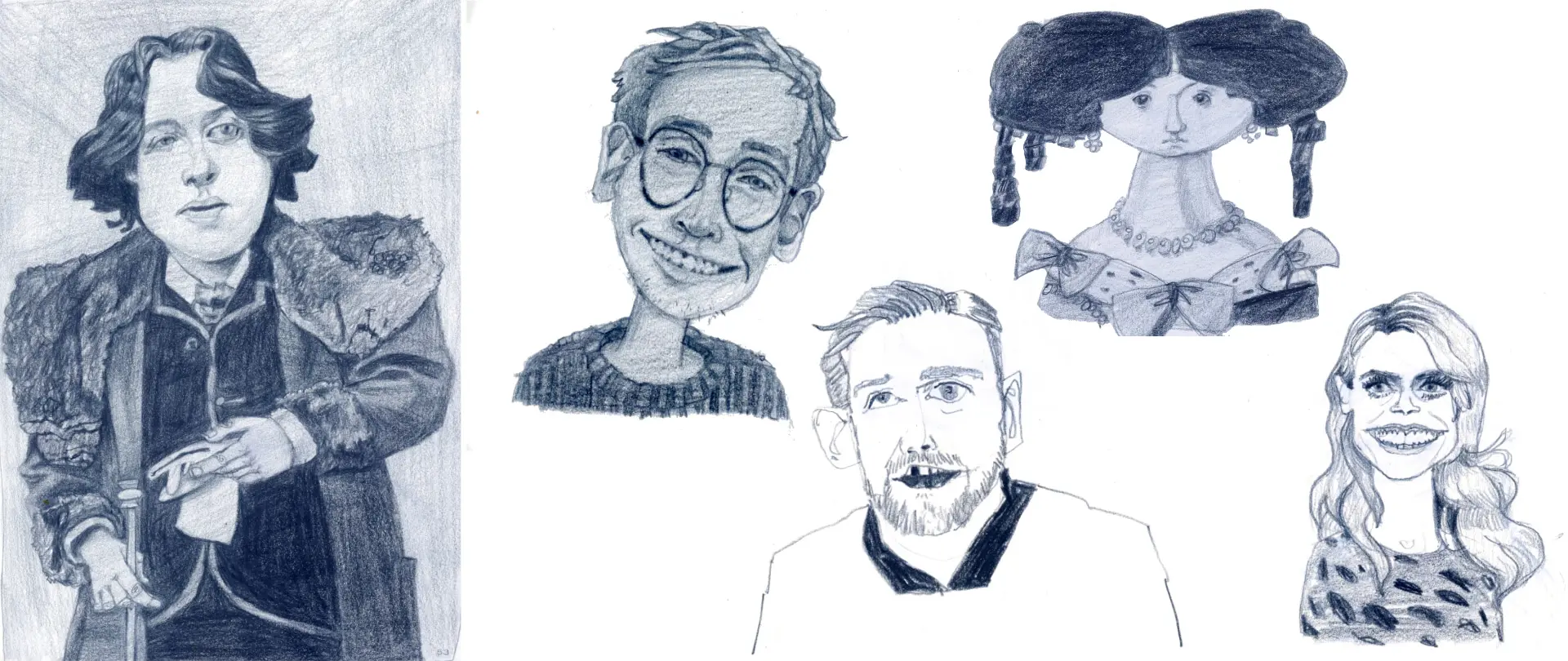 Karikaturen von fünf verschiedenen Gesichtern in unterschiedlichen Stilen, die Humor und kreative Zeichentechniken zeigen