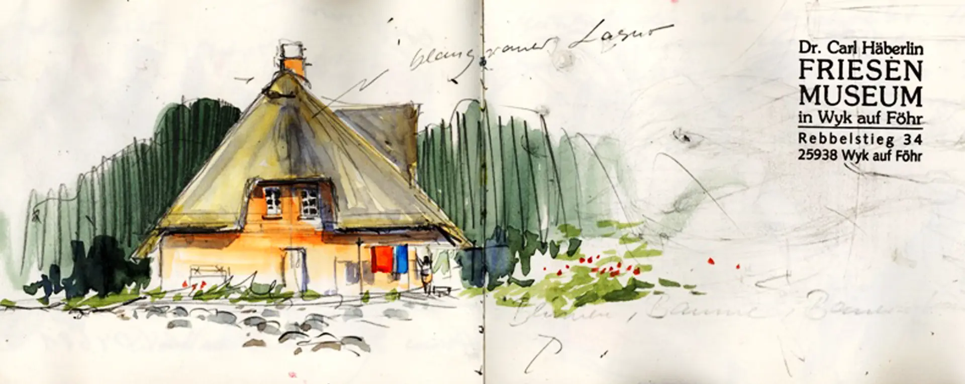 Aquarellskizze eines reetgedeckten Hauses mit Bäumen im Hintergrund, entstanden im Kurs "Architektur und Perspektive unterwegs einfach skizziert" im Friesen Museum