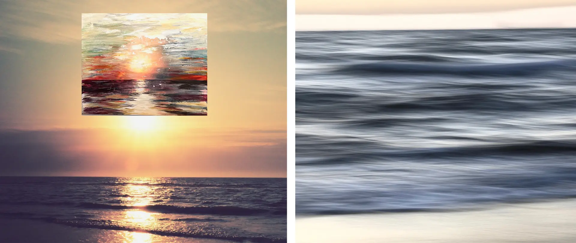 Links Sonnenuntergang am Meer mit gemaltem Sonnenuntergang als Overlay, rechts abstraktes Wellenmuster in verschwommenem Fotoeffekt