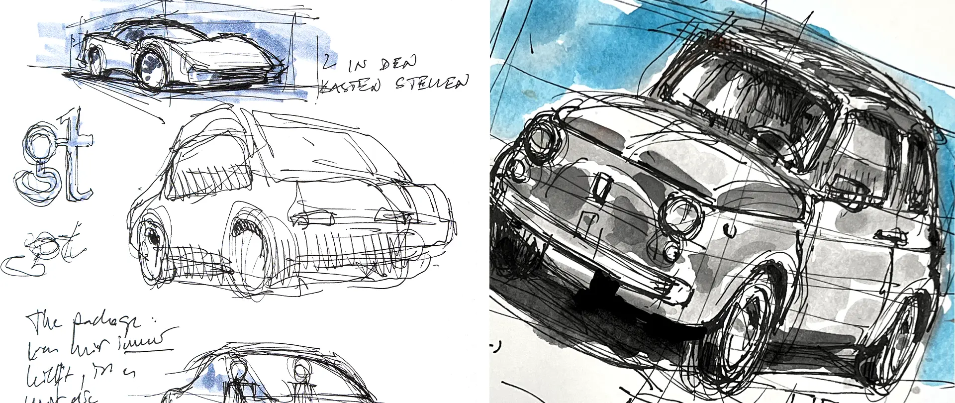 Skizzen von Autos mit Fineliner und grauen Markern als kreative Zeichenübung in einem offenen Atelier-Kurs