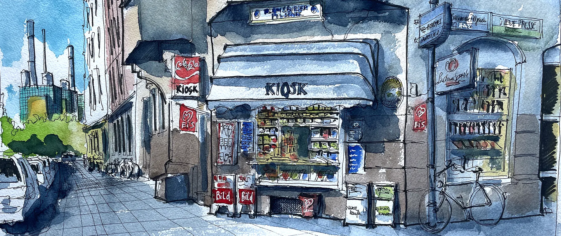 2026 08. September · Malte Wulf · Live Online Kurs · Street, Urban Sketching, Architektur, Sketching · Deutsch After Work Urbane Staffage im Urban Sketching Aquarellzeichnung eines Kiosks in einer urbanen Straßenszene mit Autos, Fahrrädern und Gebäuden, die urbane Staffage im Sketching vermittelt