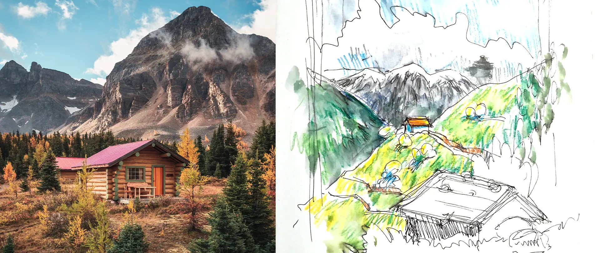 2026 14. Dezember · Sebastian Gothe · Live Online Kurs · Urban Sketching, Sketching, Aquarell, Acryl, Zeichnen · Deutsch After Work %22Offenes Atelier%22 mit Sebastian Thema romantische Berghütten (Aquarell und Aquarellstifte) Romantische Berghütte vor Bergkulisse neben Skizze einer alpinen Landschaft, Aquarellmalerei und Aquarellstifte im offenen Atelier-Kurs