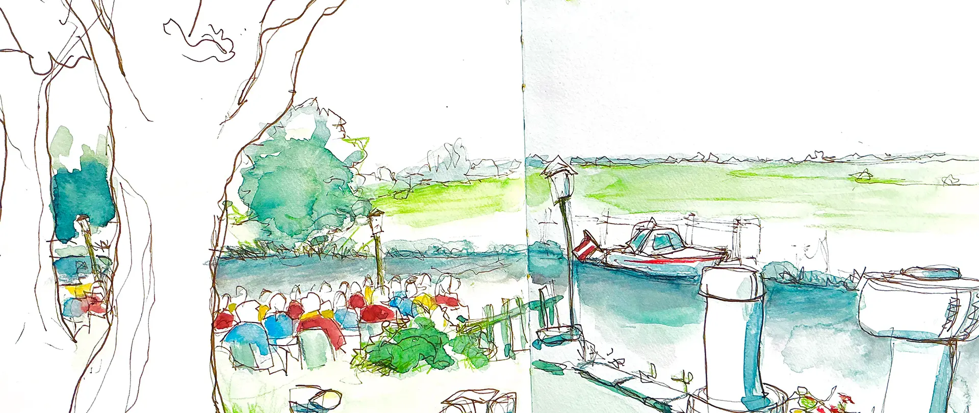 Szenische Aquarellskizze mit Menschen auf Bänken unter Bäumen und einem Boot am Flussufer, die urbane Alltagsmomente lebendig einfängt