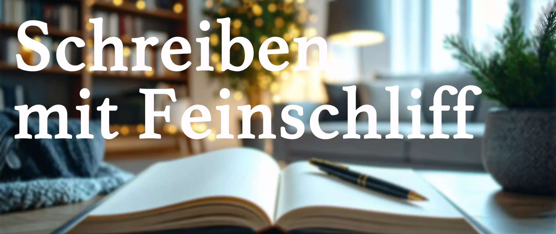 Offenes Buch mit Kugelschreiber und Pflanze im Hintergrund symbolisiert den Schreibkurs "Schreiben mit Feinschliff" zur Verbesserung und Verfeinerung von Texten