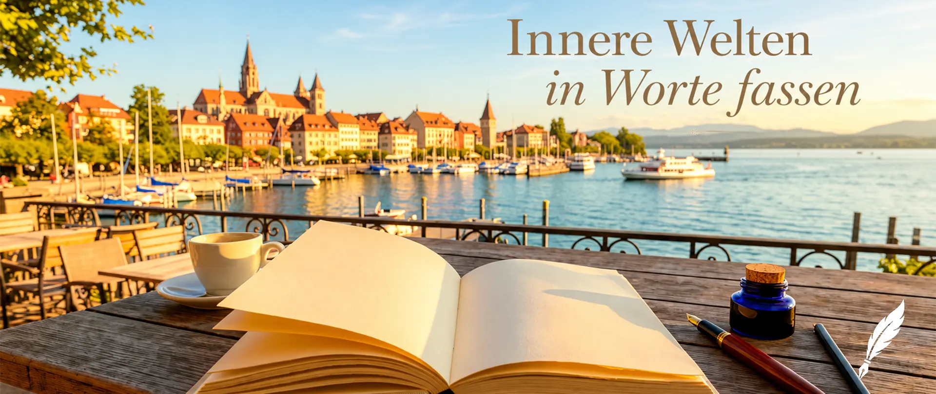 Offenes Buch, Tintenfass, Feder und Kaffeetasse auf Holztisch mit Blick auf Hafenstadt und ruhiges Wasser bei Sonnenuntergang, Text „Innere Welten in Worte fassen“
