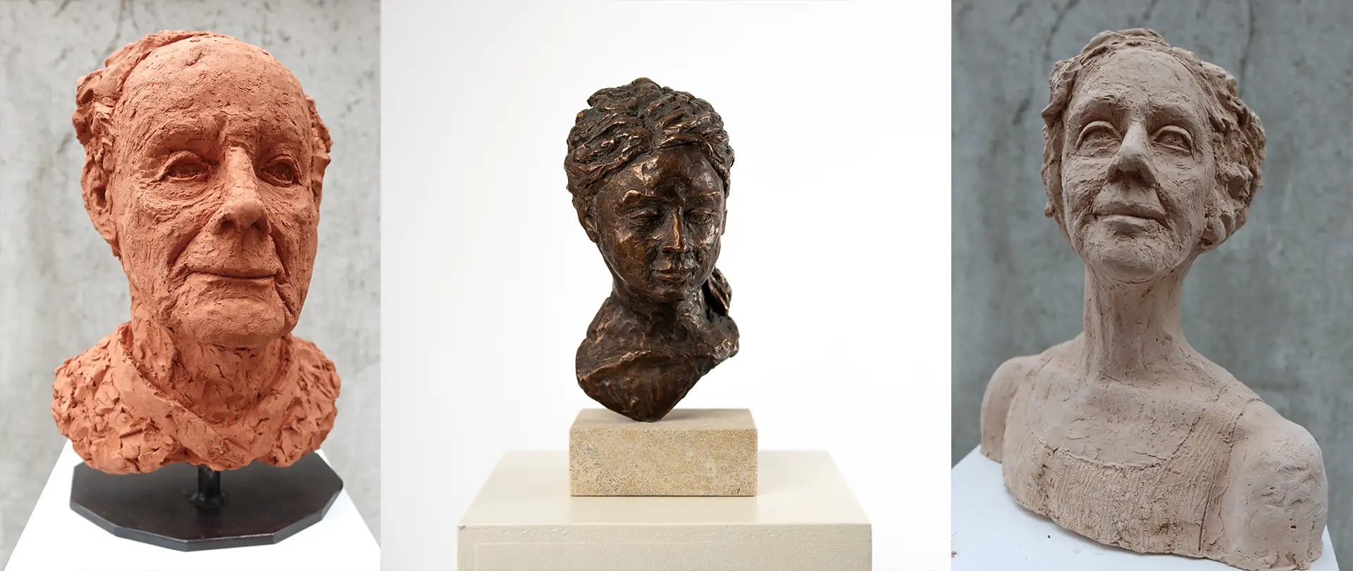 Drei unterschiedliche Portraitbüsten aus Ton und Bronze, die verschiedene Modelliertechniken und Ausdrucksformen zeigen