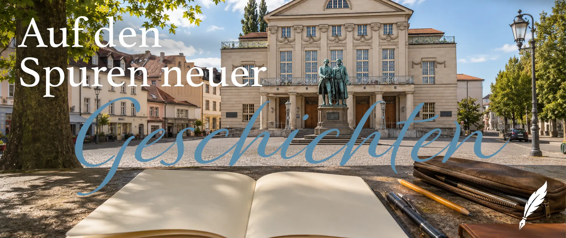 2027 05 10. September · Barbara Krohn · Weimar · Schreiben, Schreibwerkstatt, Kreatives Schreiben · Deutsch Grundlagen des Erzählens Schreiben in der Kulturstadt Offenes Buch auf Tisch vor historischem Gebäude in Weimar mit Statue, umgeben von Bäumen und Laternen, symbolisiert Schreiben und kulturelle Erzählkunst