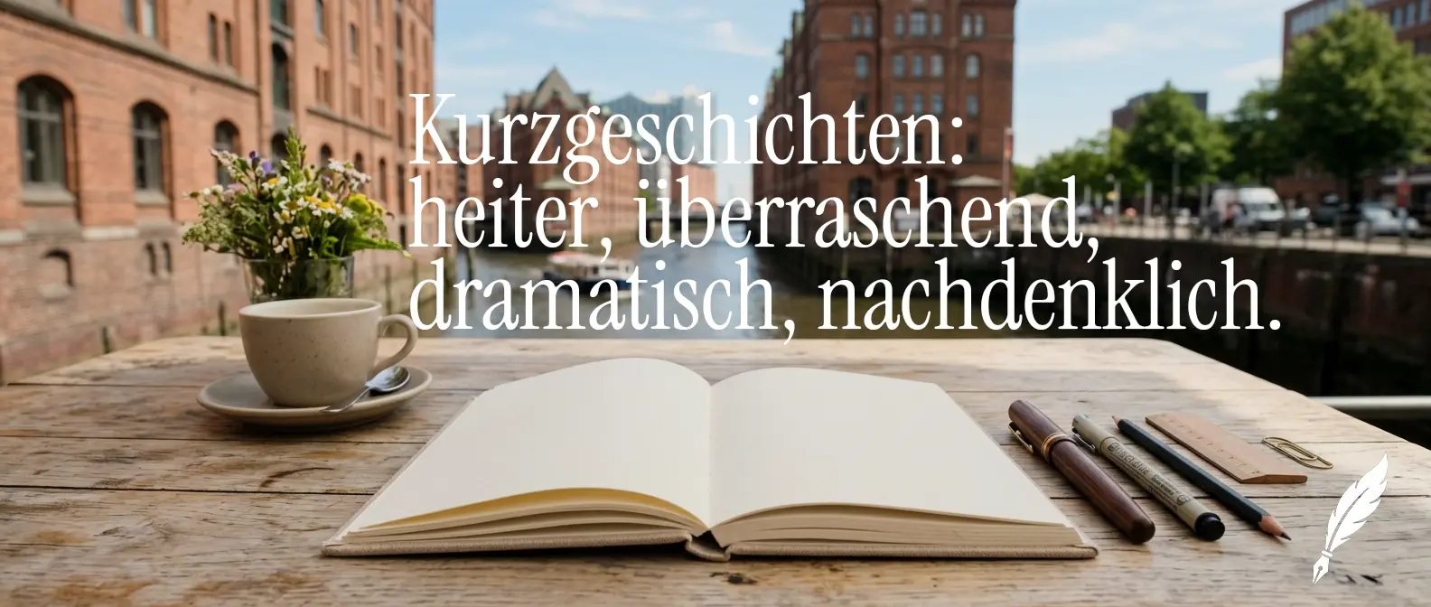 Offenes Notizbuch auf Holztisch am Hafen mit Stiften und Blumendekoration, Symbol für sommerliche Kurzgeschichten aus Hamburg voller Inspiration und Hafenatmosphäre