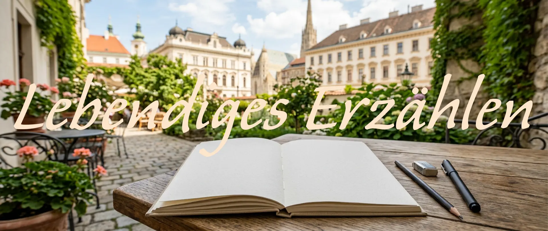 Offenes Notizbuch mit Stiften auf Holztisch vor historischem Stadtplatz als Inspiration für kreatives Schreiben und Geschichtenentstehung