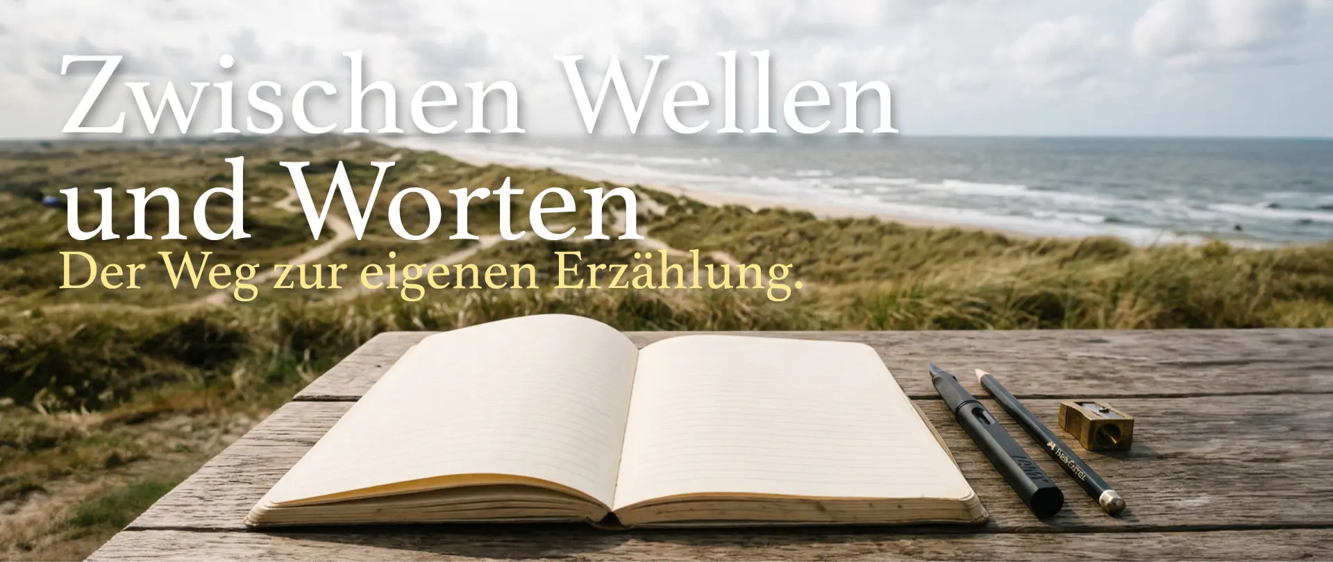 Offenes Notizbuch, Stifte und Spitzer auf Holztisch mit Meer und Dünen im Hintergrund, ergänzt durch den Schriftzug "Zwischen Wellen und Worten"