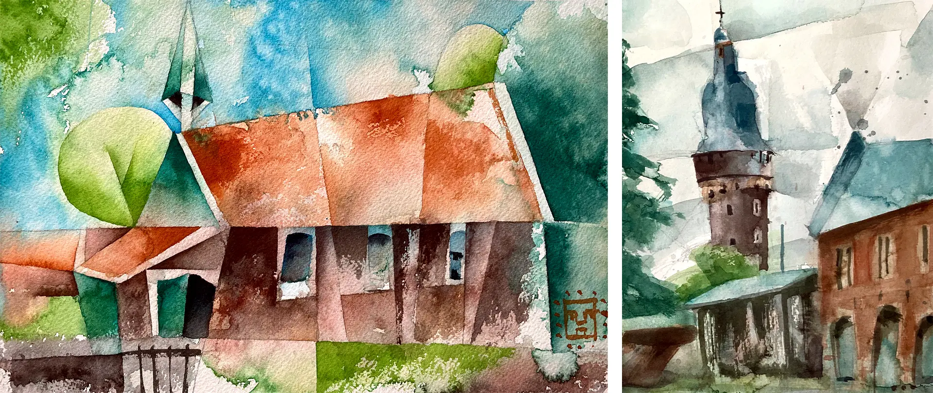 2027 28. Januar · Thomas Haubold · Live Online Kurs · Aquarell, Architektur · Deutsch After Work Schiefe Häuser, starke Bilder Aquarellmalerei schiefer, farblich vereinfachter Häuser mit verzerrter Perspektive für spielerisches Architektur-Design im Kurs "After Work: Schiefe Häuser, starke Bilder!"