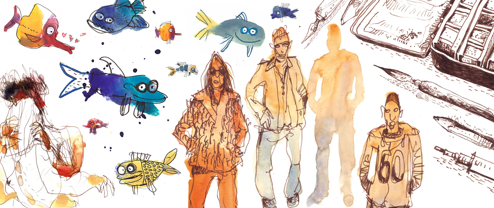 Bunte Aquarell- und Tuschezeichnungen mit stilisierten Fischen und verschiedenen menschlichen Figuren in lockeren Skizzen