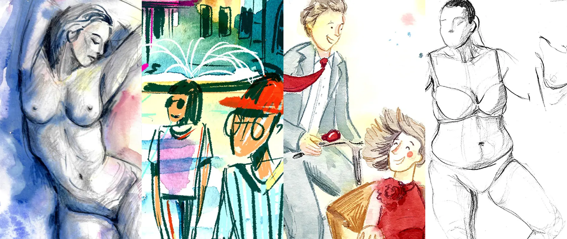 Verschiedene Zeichnungen und Malereien von Menschen in diversen Stilen und Posen, die Kreativität und Figurenzeichnung im After-Work-Workshop vermitteln