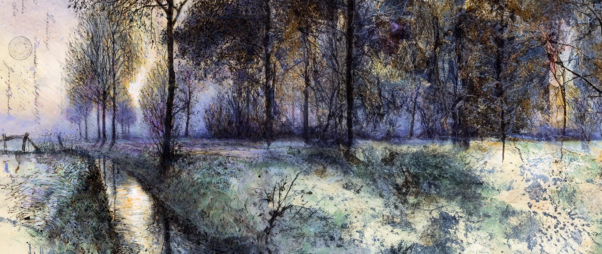 Landschaft mit Bäumen und schmalen Wasserlauf skizziert in feinen Linien und Schattierung erstellt von artistravel Dozent Andreas Noßmann