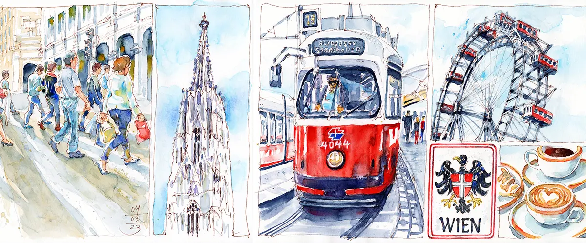 Straßenszene mit Passanten, Stephansdom, rote Straßenbahn, Riesenrad, Wien-Wappenschild und Kaffee mit Latte Art als Aquarellskizzen aus Wien