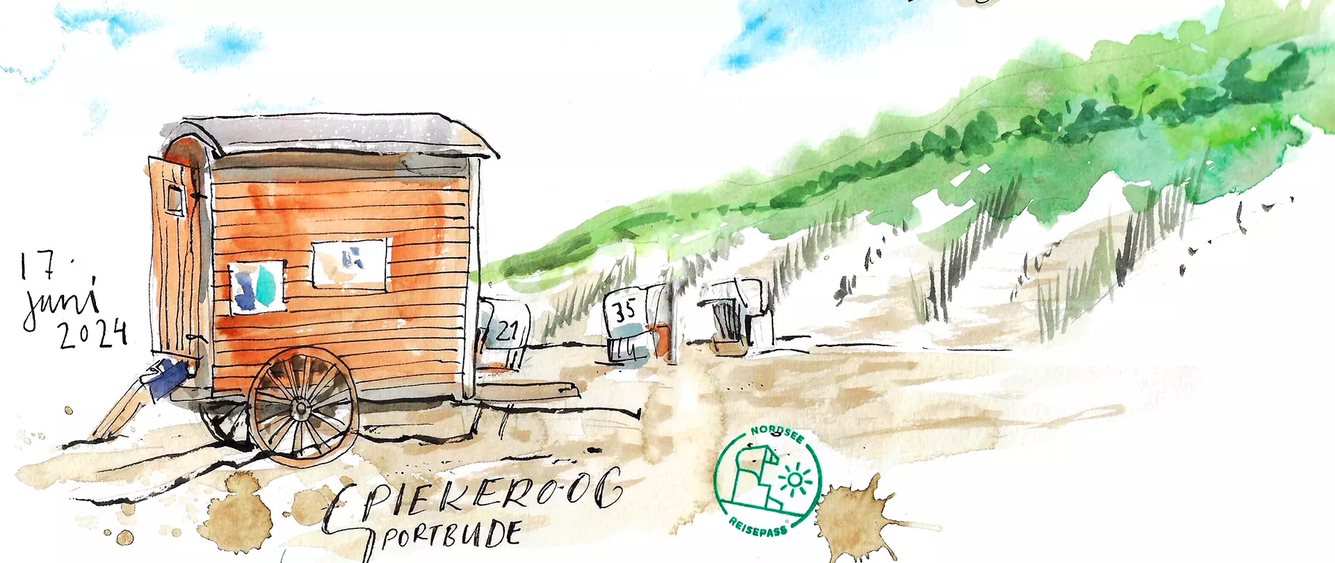 Aquarellskizze eines kleinen hölzernen Verkaufswagens mit Rädern am Strand von Spiekeroog, mit Strandkörben und Dünen im Hintergrund, erstellt von artistravel Dozentin Tanja Meyer