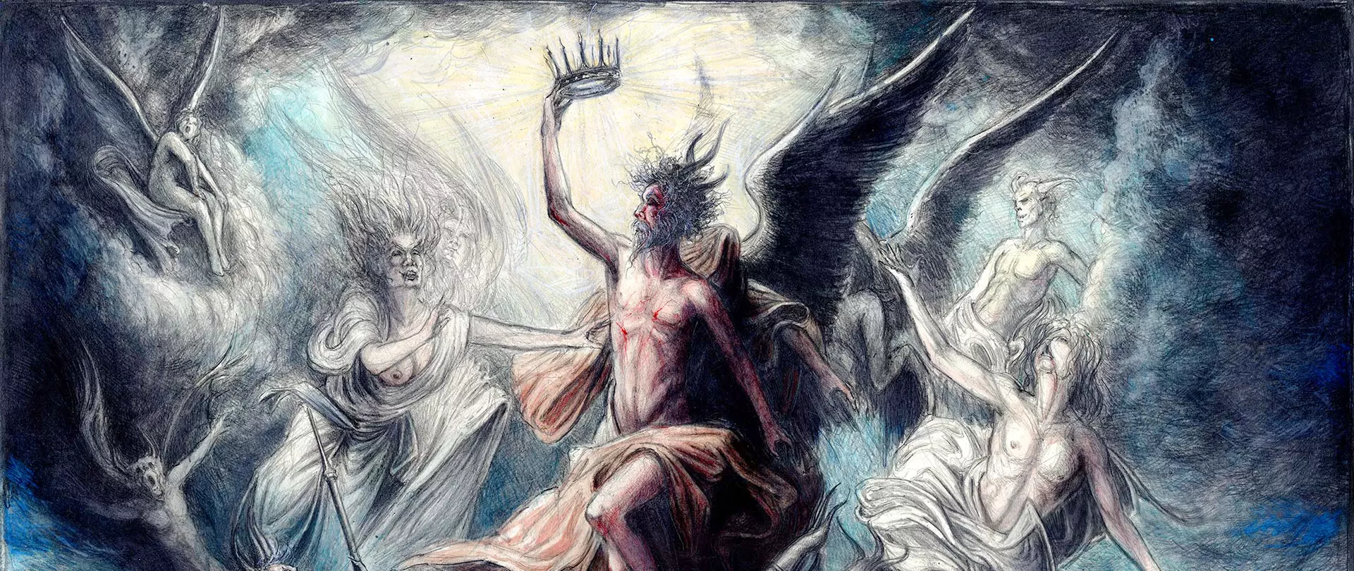 Symbolische Darstellung einer geflügelten, gekrönten Gestalt im Zentrum einer dramatischen Szene mit weiteren mythologischen Wesen, Kunstwerk von Andreas Noßmann.