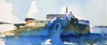 Farbige Aquarell-Landschaft mit Gebäuden und Himmel, vermittelt künstlerischen Eindruck und Maltechnik-Workshop Atmosphäre