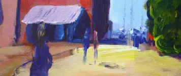 Straßenszene mit schemenhaften Figuren in hellen Farben, malt den Übergang von Skizze zu ausdrucksstarker Malerei in Aquarell, Acryl oder Öl