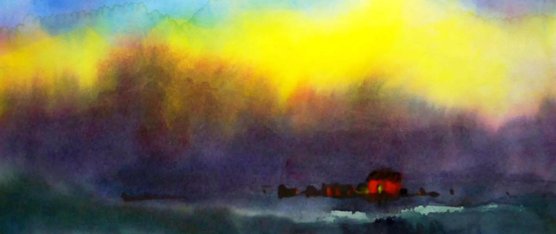 Aquarelllandschaft mit leuchtendem Himmel und kleinem Haus, vermittelt Grundstimmung für Einsteiger in die Aquarellmalerei