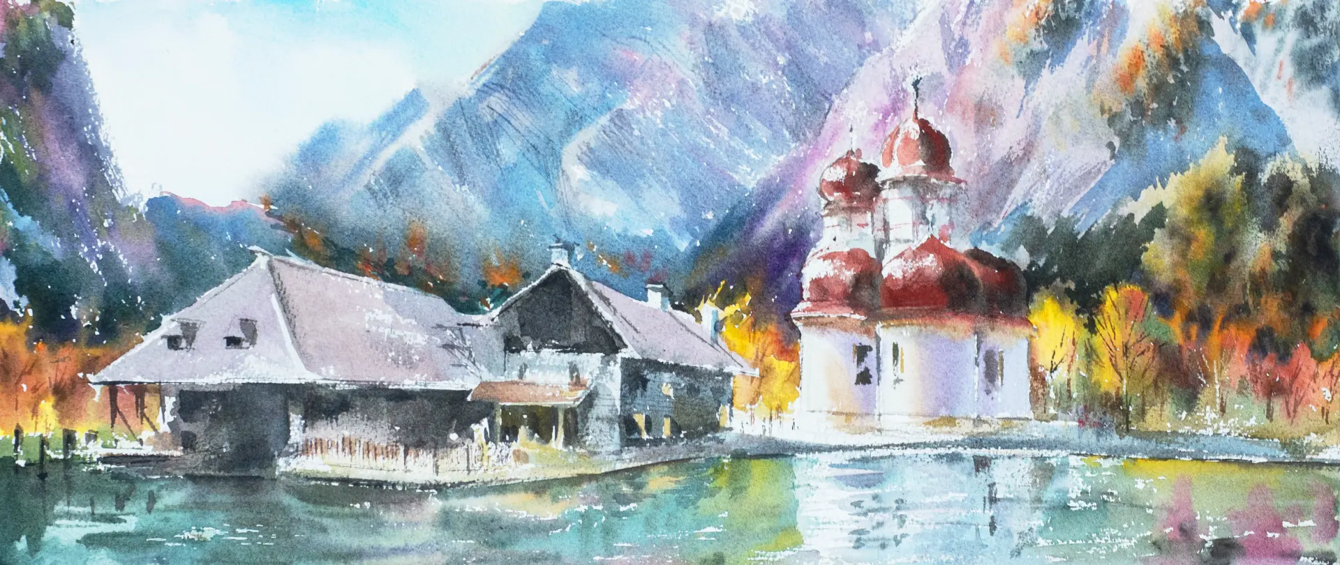 Aquarellmalerei eines Bergpanoramas mit See, traditionellen Häusern und Kirche mit roten Kuppeln in sanften, leichten Farbtönen