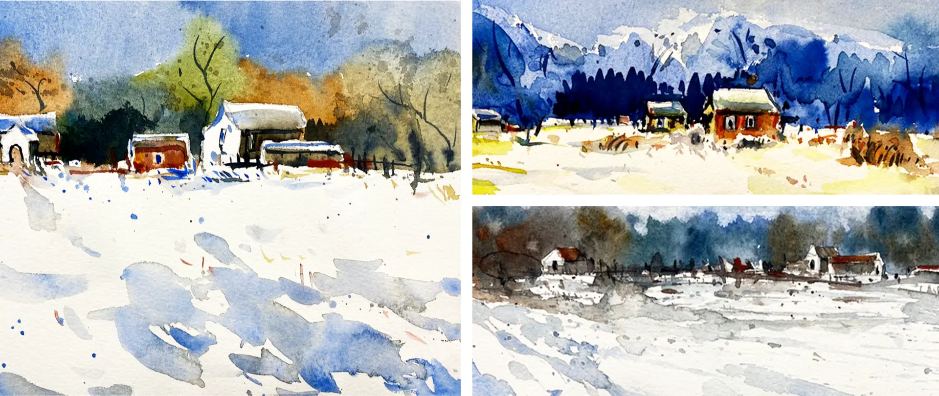 Winterlandschaften in Aquarell, drei verschiedene kreative Umsetzungen desselben Motivs mit Schnee, Häusern und unterschiedlichen Farbnuancen