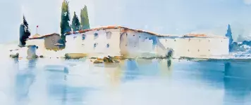 Landschaftsmalerei in Aquarell mit Häusern und Bäumen, die eine ruhige Wasseroberfläche und künstlerischen Ausdruck vermitteln