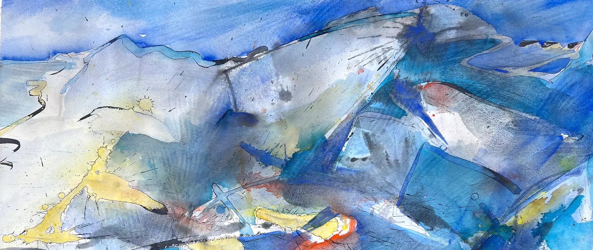 Expressives Aquarell mit abstrakten blauen und gelblichen Farbakzenten, inspiriert von der Weite und Natur der Wattenmeerlandschaft
