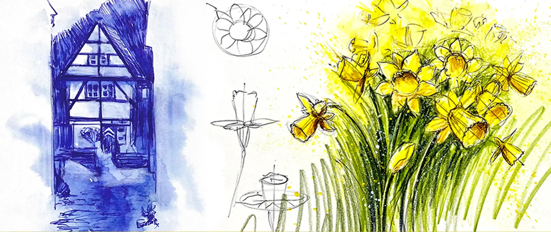 Skizze eines Fachwerkhauses in Blau und gelbe Narzissen in Aquarelltechnik mit Bleistiftlinien und Farbverlauf als Kursmotiv "Aquarellieren mit Stiften"
