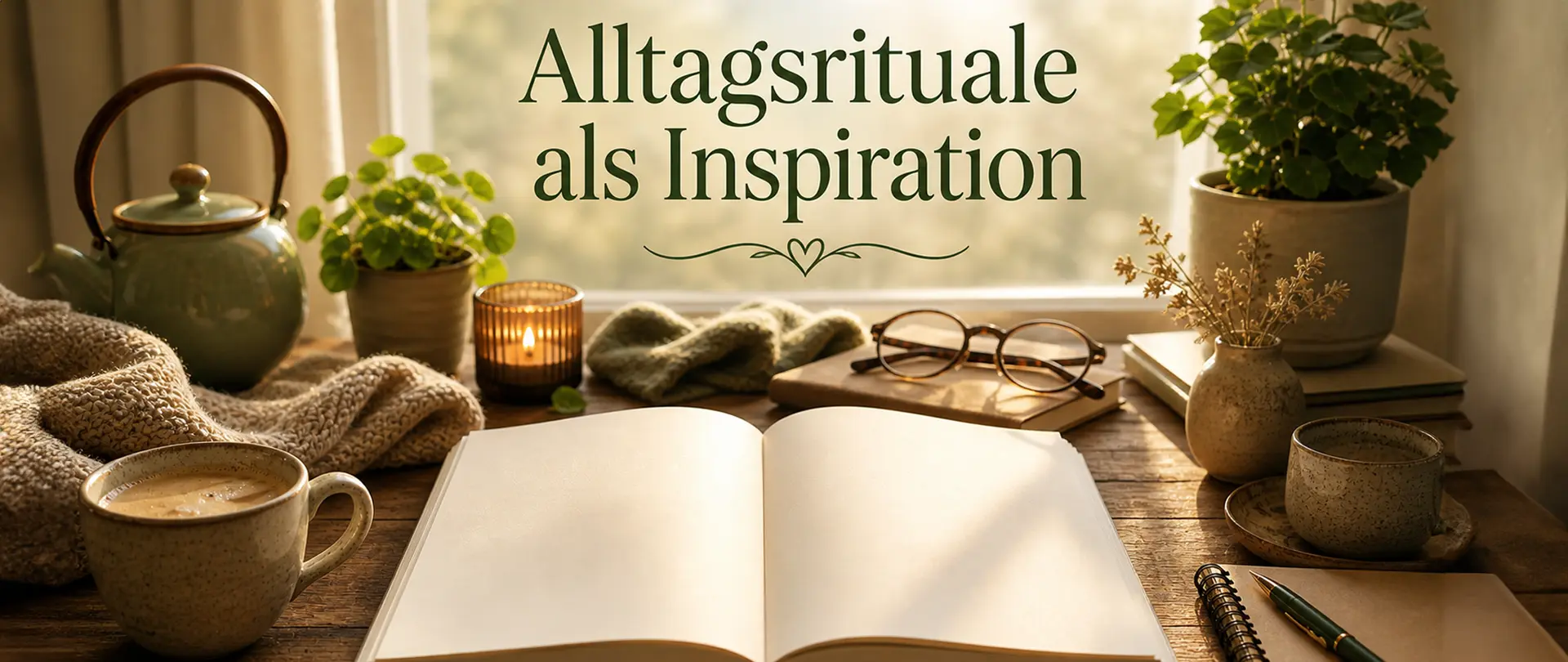 Tisch mit offenem Buch, Teetasse, Teekanne, Pflanze, Lesebrille, Kerze und Kuscheldecke als Alltagselemente für Schreibinspiration