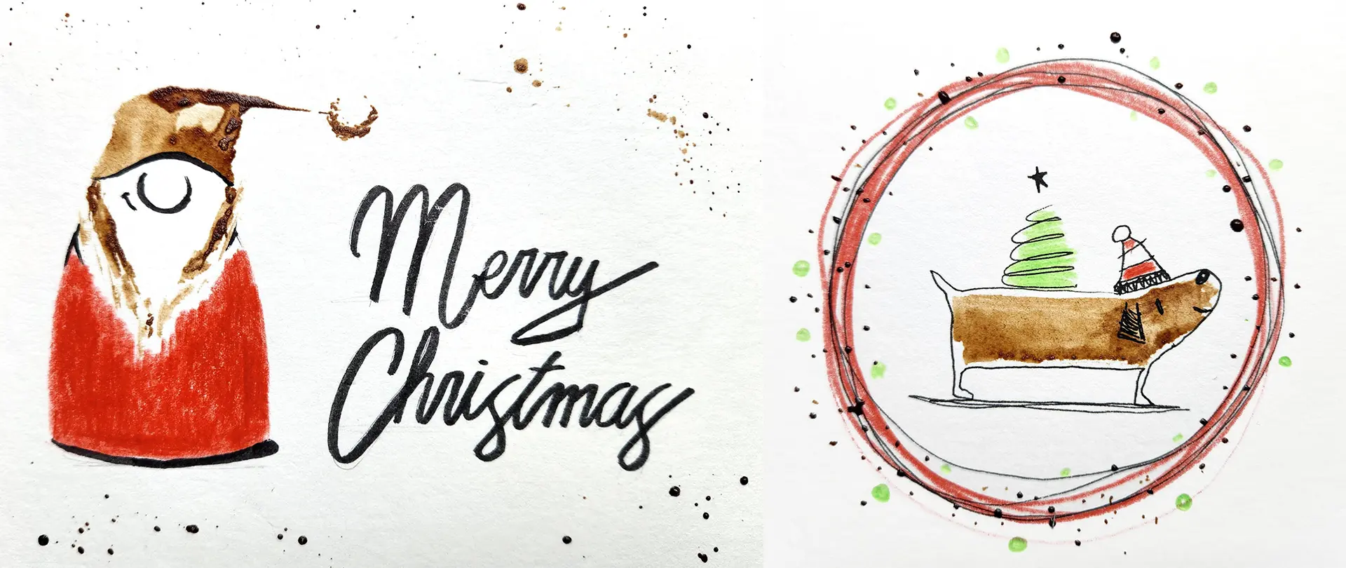 Handgezeichnete Weihnachtsgrüße mit Aquarell-Effekt, darunter ein Kaffee-beiger Weihnachtsmann und ein Dackel mit Weihnachtsbaum-Hut in einem roten Kreis