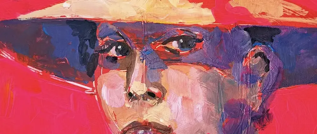Expressives Portrait Farbenfrohes, expressives Acrylporträt eines Gesichts mit Hut vor rotem Hintergrund, das Techniken für ausdrucksstarke Porträts vermittelt