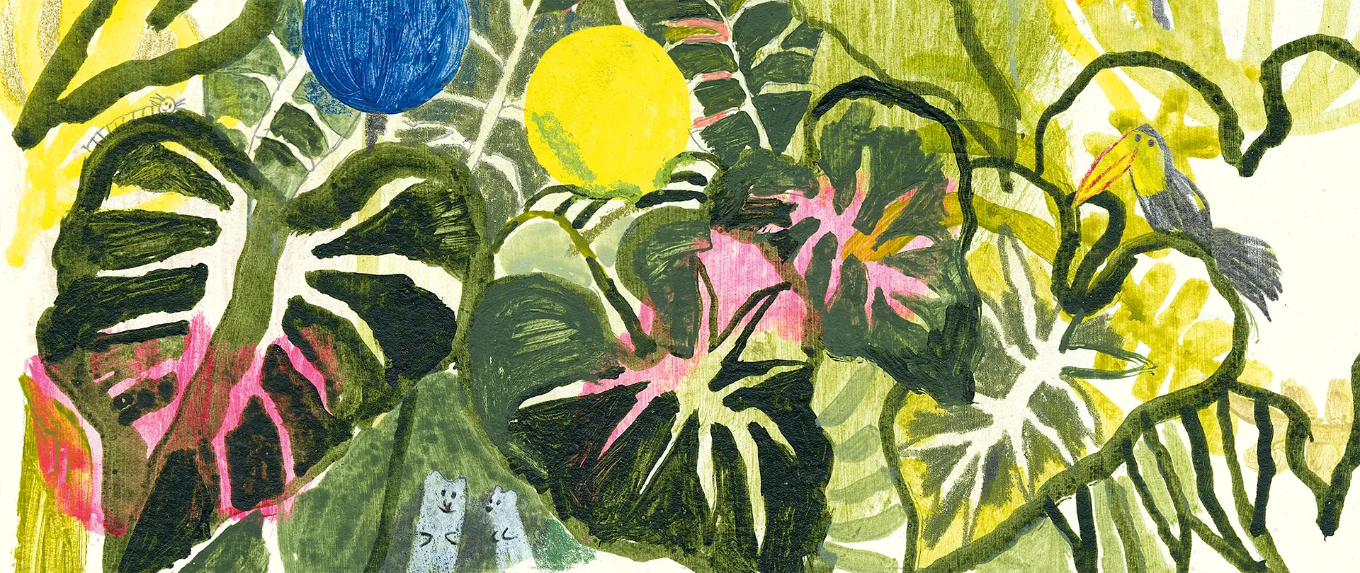Bunte botanische Illustration mit vielfältigen Blättern, Früchten und kleinen Tieren in Acryl- und Buntstifttechnik