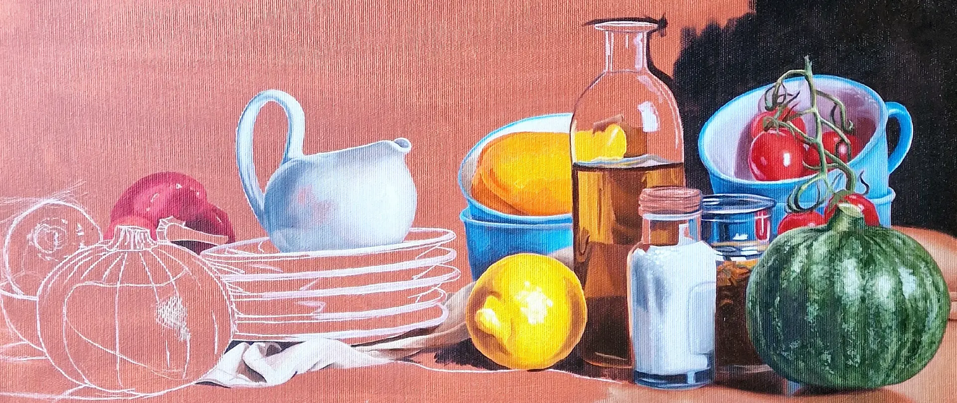 Stillleben-Ölgemälde mit Obst, Gemüse, Ölflasche und Geschirr als Beispiel für realistische Ölmalerei-Technik im Kunstkurs