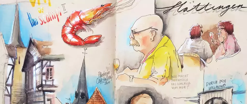 Urban Sketching mit lebendigen Skizzen von Alltagsmotiven, Menschen und Architektur, inklusive Farb- und Detailakzenten in Aquarelltechnik