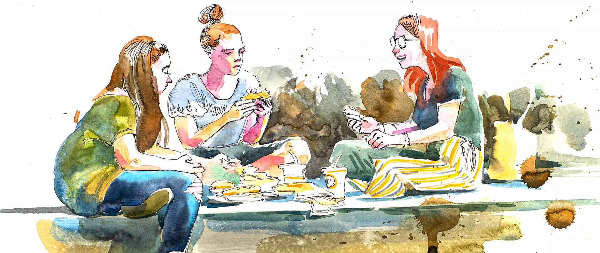 Drei Personen sitzen auf einer Bank und essen, Aquarell-Skizze mit lebendigen Farben und lockerem Stil, Aquarell, Sketchen, zeichnen, erstellt von artistravel Dozent Alexander Leybovich
