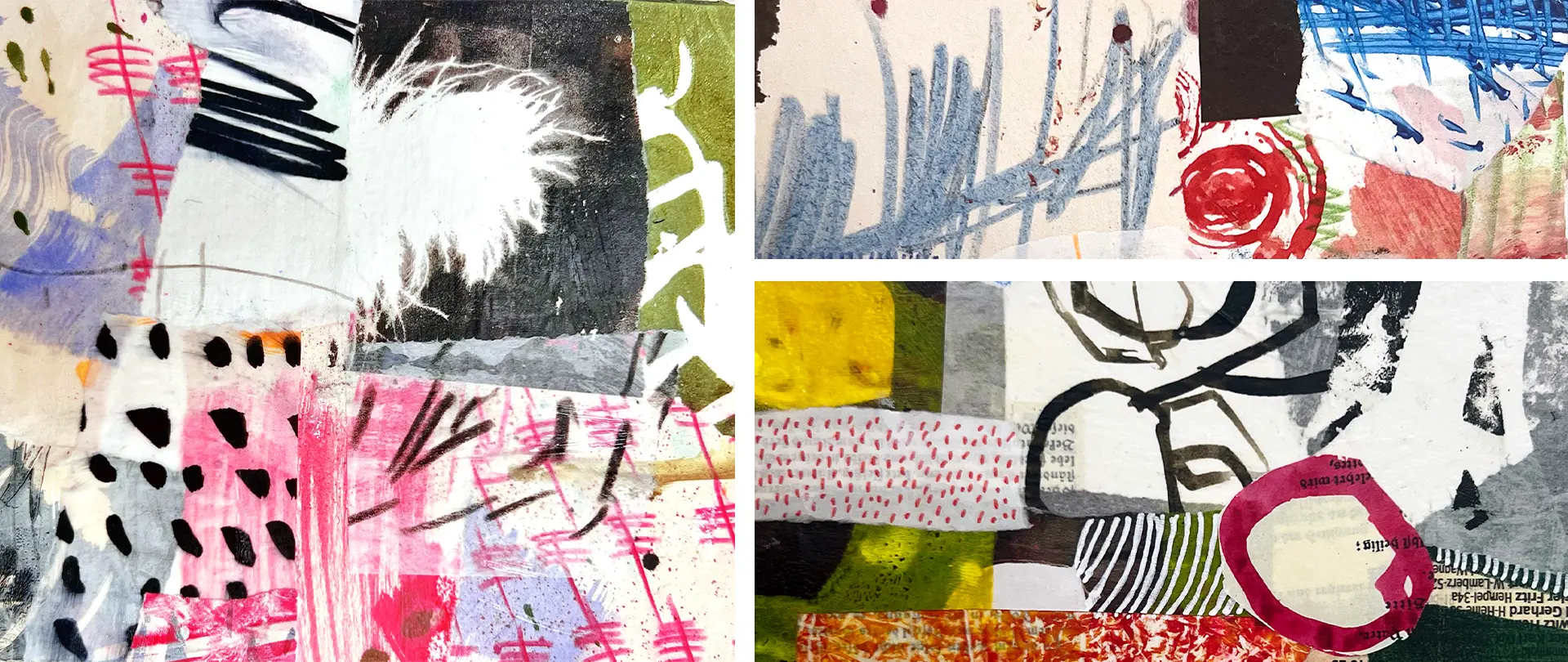Collage MixedMedia Bunte Mixed-Media-Collage mit abstrakten Formen, Linien und Texturen, die experimentelles, freies künstlerisches Arbeiten und vielfältige Materialien vereint
