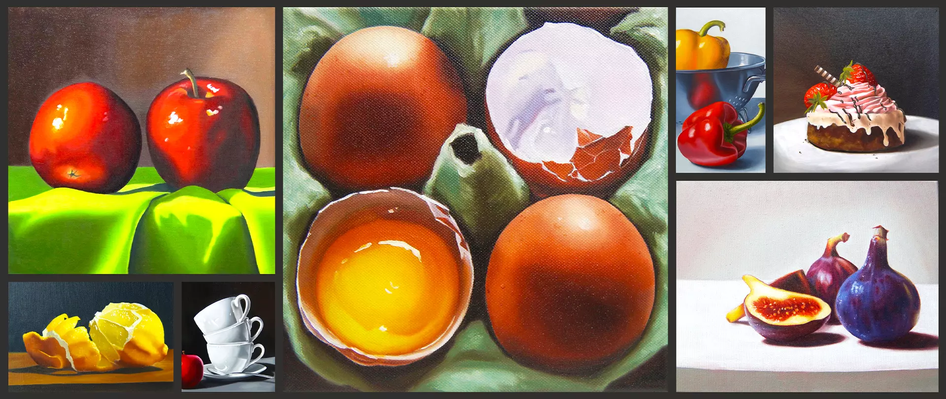 Realistische Ölmalerei mit Motiven von Obst, Eiern, Tassen und Dessert in lebendigen Farben und detailreicher Darstellung