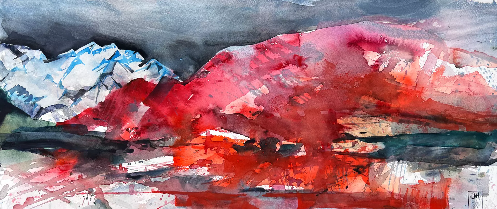 Expressives Aquarell mit kontrastreicher Berglandschaft und intensivem Rot, das die Stimmung und lebendige Farben des Allgäus eindrucksvoll einfängt