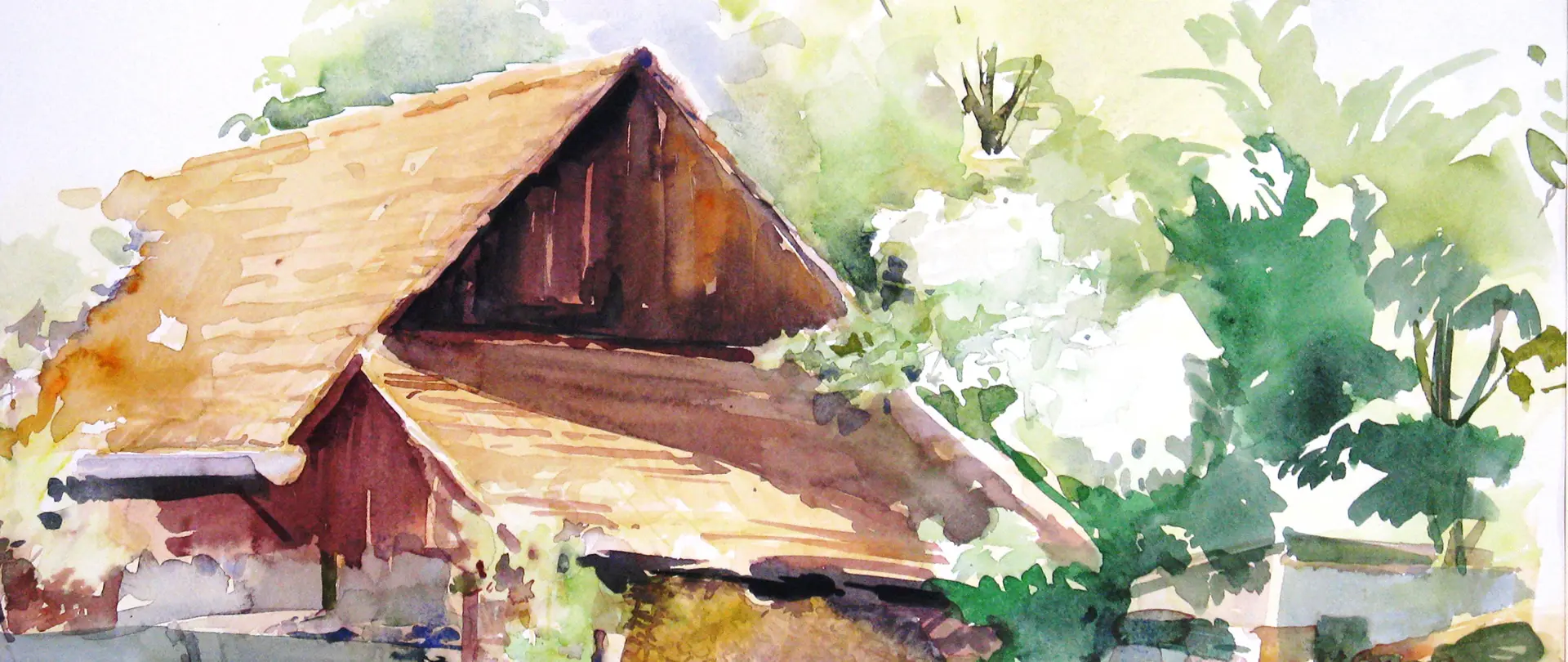 Aquarellmalerei eines ländlichen Holzhauses mit Bäumen, die Licht- und Schatteneffekte sowie Farbgestaltung und Komposition zeigen