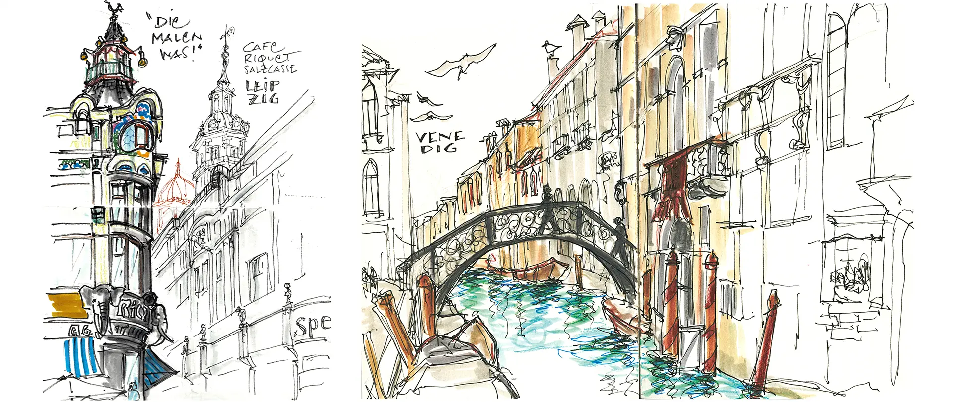 Skizzenstile mit Gebäuden und Kanal in Venedig, Fokus auf räumliche Darstellung und Perspektive mit Farbakzenten und architektonischen Details