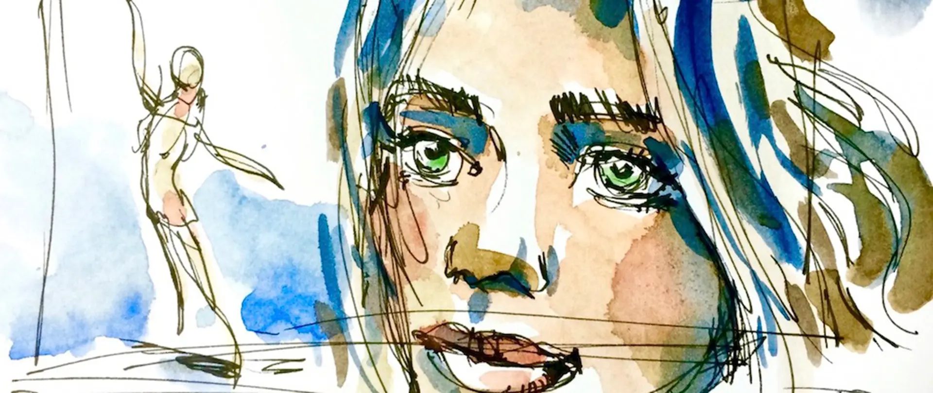Aquarellzeichnung einer Frau mit locker skizzierter Figur im Hintergrund, die die Natur und einfache Zeichentechniken widerspiegelt